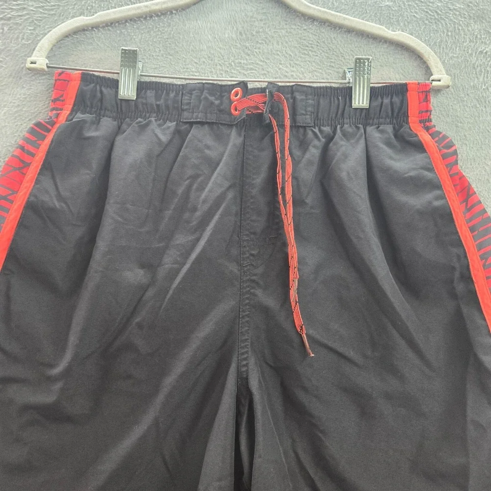 Nike Men Swimwear Large Black Red‎ Striped Swim Trunks Swoosh Logo Drawstring